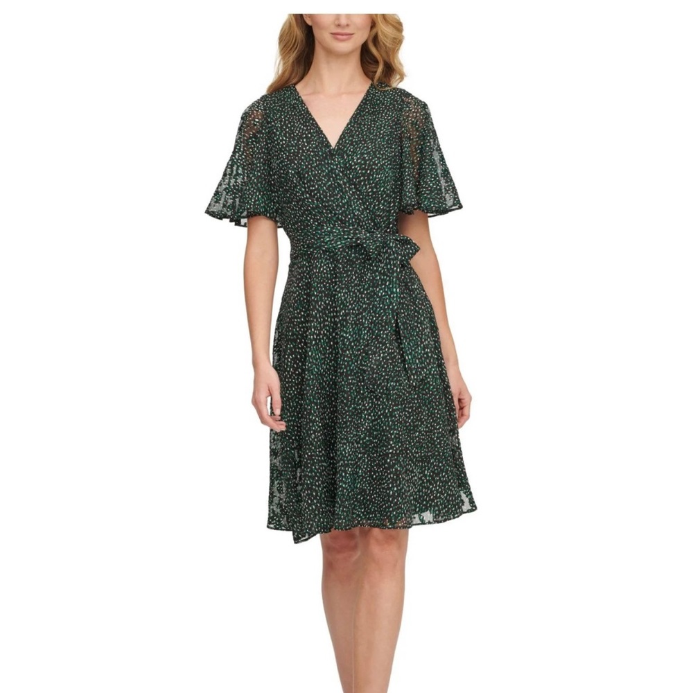 DKNY Womens Green Tie Waist Speckle Flutter Sleeve V Neck Fit + Flare Dress